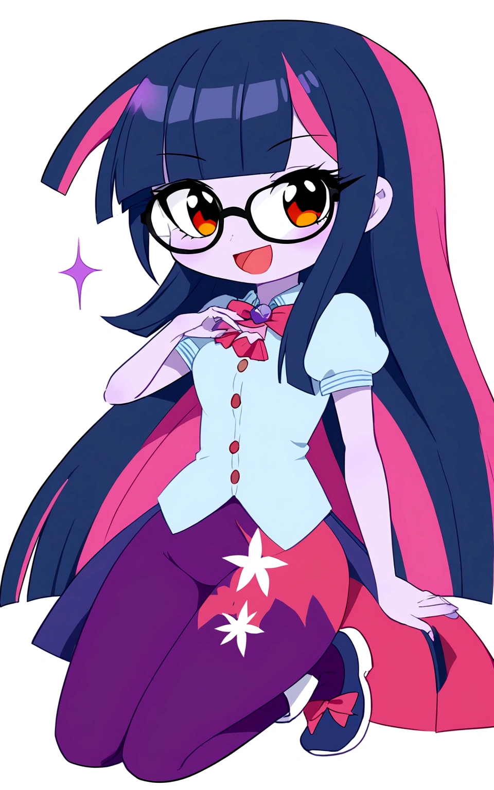 girl with violet skin, tall, teenager, straight bangs, long hair, violet and blue tones, glasses, twiling sparkle, smiling full body,mlptwilight