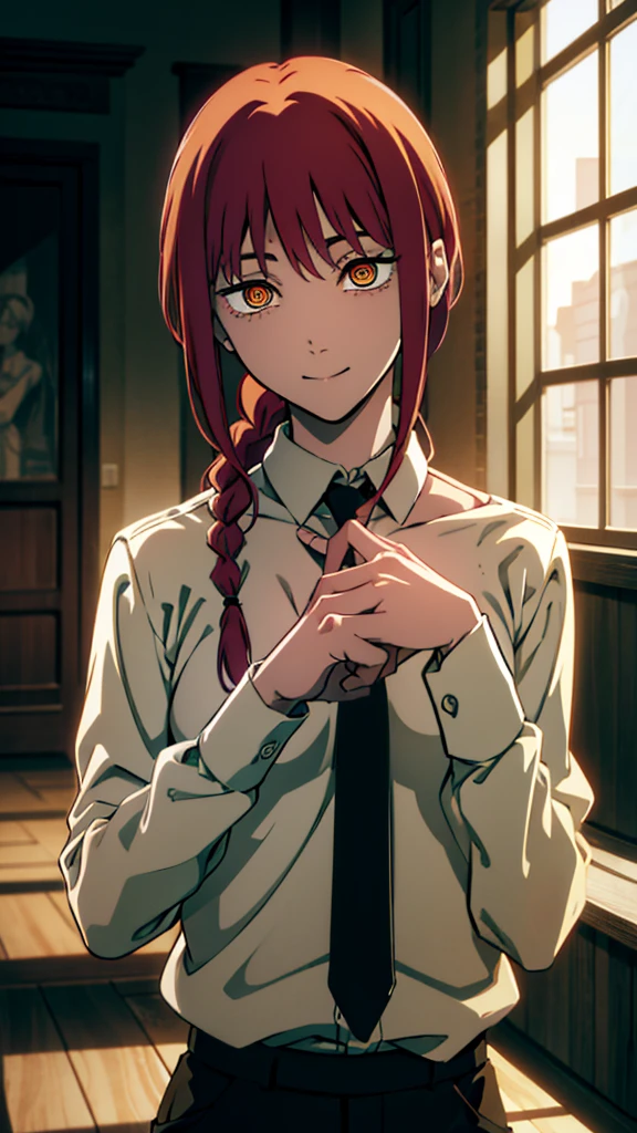 Masterpiece, top quality, best quality, official art, beautiful and aesthetic, anime, 1girl,extremely detailed, colorful, more detailed ((ultra-detailed)), (highly detailed CG illustration),Best Quality, High resolution, Unity 8k Wallpaper, (Illustration:0.8), (Beautiful detailed eyes:1.6), extra detailed face, Perfect Lighting, extremely details CG, (Perfect hands, Perfect Anatomy), makima, long hair, smile, bangs, (small breasts:1.2), (yellow eyes:1.2), braid, red hair, braided ponytail, ringed eyes,cleavage,collarbone,shirt, long sleeves, white shirt, necktie, collared shirt, pants, black pants, formal,black necktie, shirt tucked in, Take off your shirt,showing bra,lace bra,in middle of church, benches,candles, dark light,