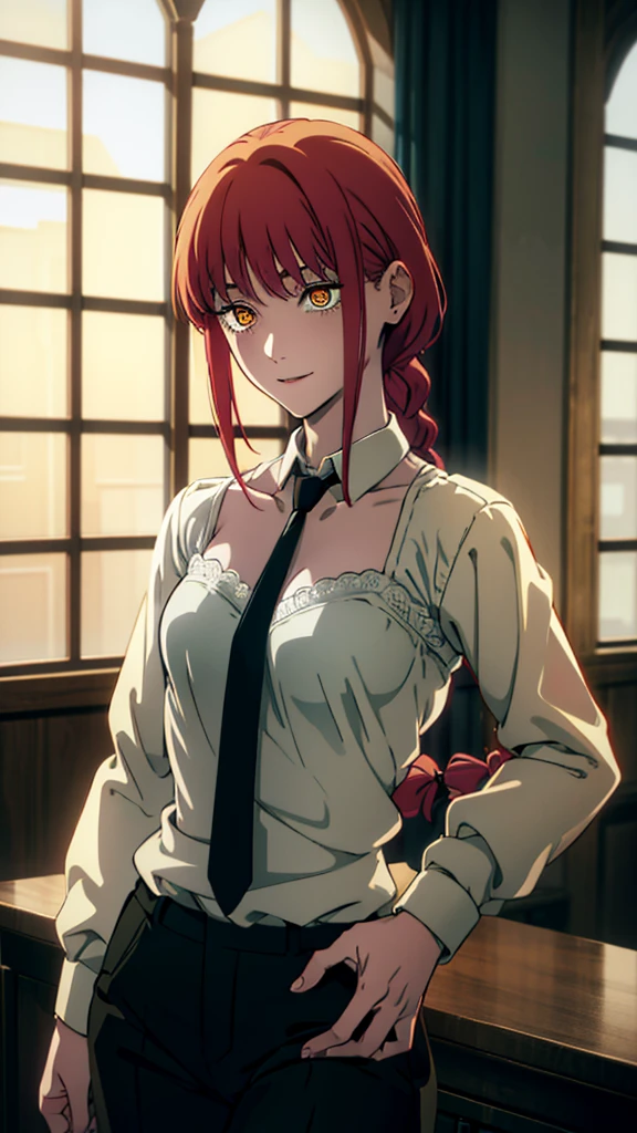 Masterpiece, top quality, best quality, official art, beautiful and aesthetic, anime, 1girl,extremely detailed, colorful, more detailed ((ultra-detailed)), (highly detailed CG illustration),Best Quality, High resolution, Unity 8k Wallpaper, (Illustration:0.8), (Beautiful detailed eyes:1.6), extra detailed face, Perfect Lighting, extremely details CG, (Perfect hands, Perfect Anatomy), makima, long hair, smile, bangs, (small breasts:1.2), (yellow eyes:1.2), braid, red hair, braided ponytail, ringed eyes,cleavage,collarbone,shirt, long sleeves, white shirt, necktie, collared shirt, pants, black pants, formal,black necktie, shirt tucked in, Take off your shirt,showing bra,lace bra,in middle of church, benches,candles, dark light,