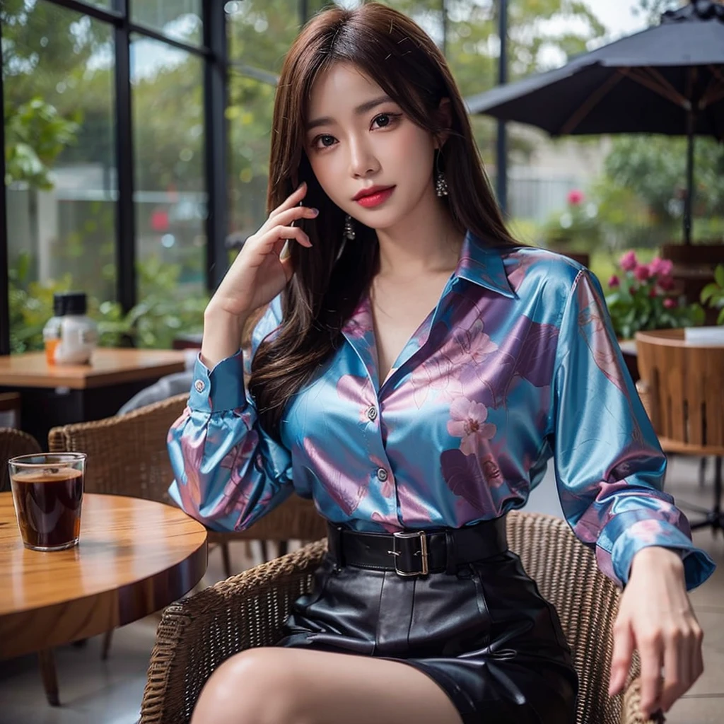 (8K, RAW Photos, Highest quality, masterpiece、Raw photo)、Portrait, Ultra-high resolution度の生のカラー写真, Professional photos、Ultra-high resolution, 8K画像の壁紙,(Realistic, Real photo),(1 person)、Beautiful woman with perfect body、Full body image, Glowing Skin、Glossy lips、Highly detailed face and skin texture、Detailed Eyes、double eyelid、Sharp long legs、Dark brown random hair, Cleavage、(Happy expression)、( colorful shirt with collar )、(( Colorful lace skirt ))、(silk pantyhose)、High heels、(Sitting pose), Night in the background、Wind、Starry Sky、moon