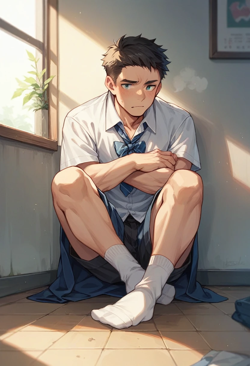 School boy showing socks to worship