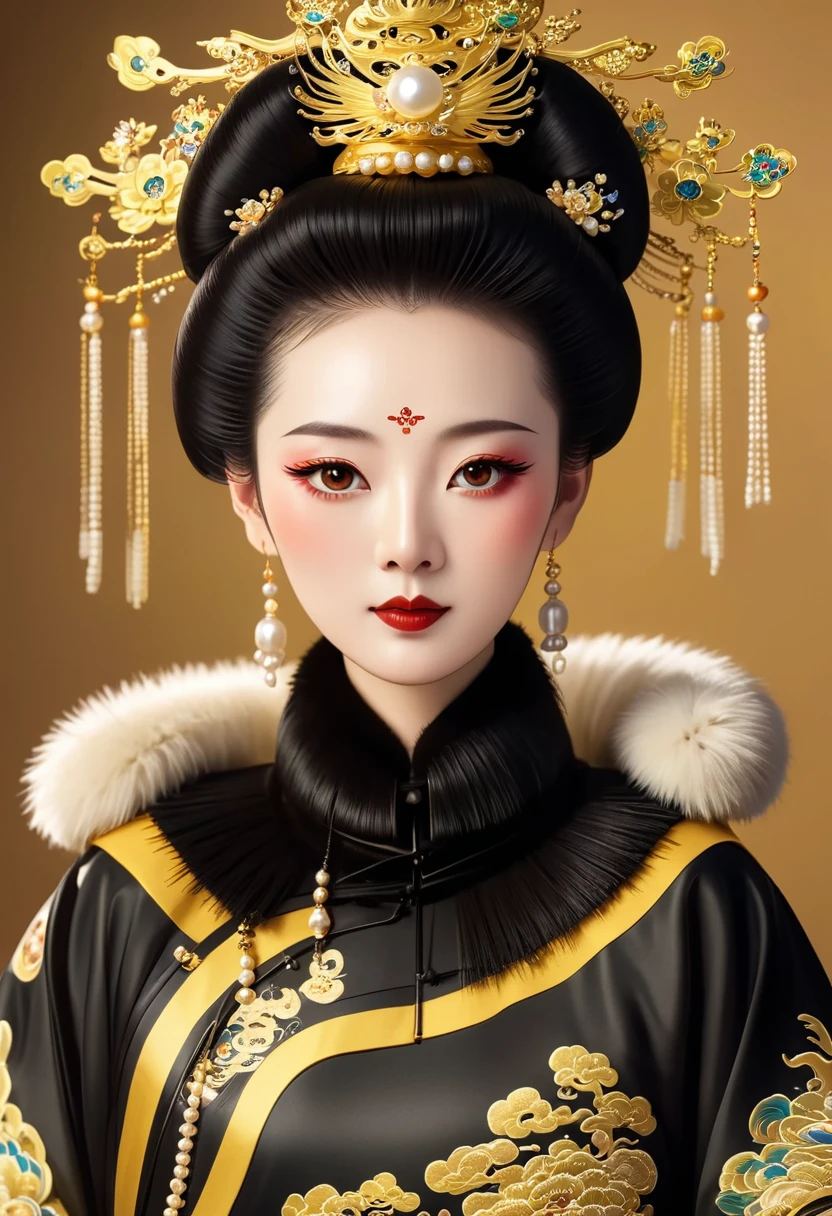 Solemn girl portrait,symmetry,Round Face,Bright Eyes,Smooth skin,Elegant and luxurious,Wealth,Gorgeous black and gold costumes,Chinese Qing Dynasty flag costumes,Selfish,Chinese Emperor,High bun,Gorgeous golden crown,tassel,palace,Clean background,Wu Zetian,Empress,Fur collar cape,Pearl tassels,Pearl Makeup