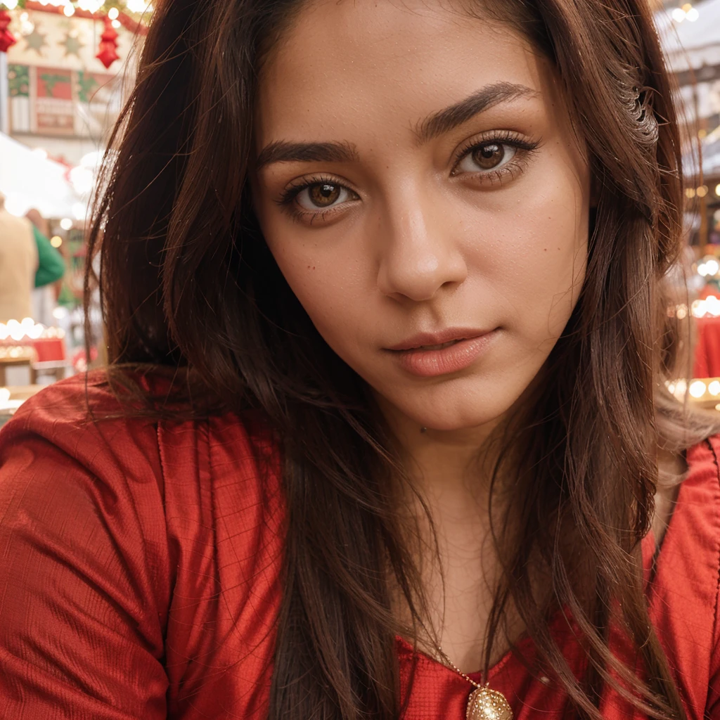 latina at christmas market, red outfit, Christmas, elegant, alone, AUCUN AUTRE VISAGE SAUF LA MODELE