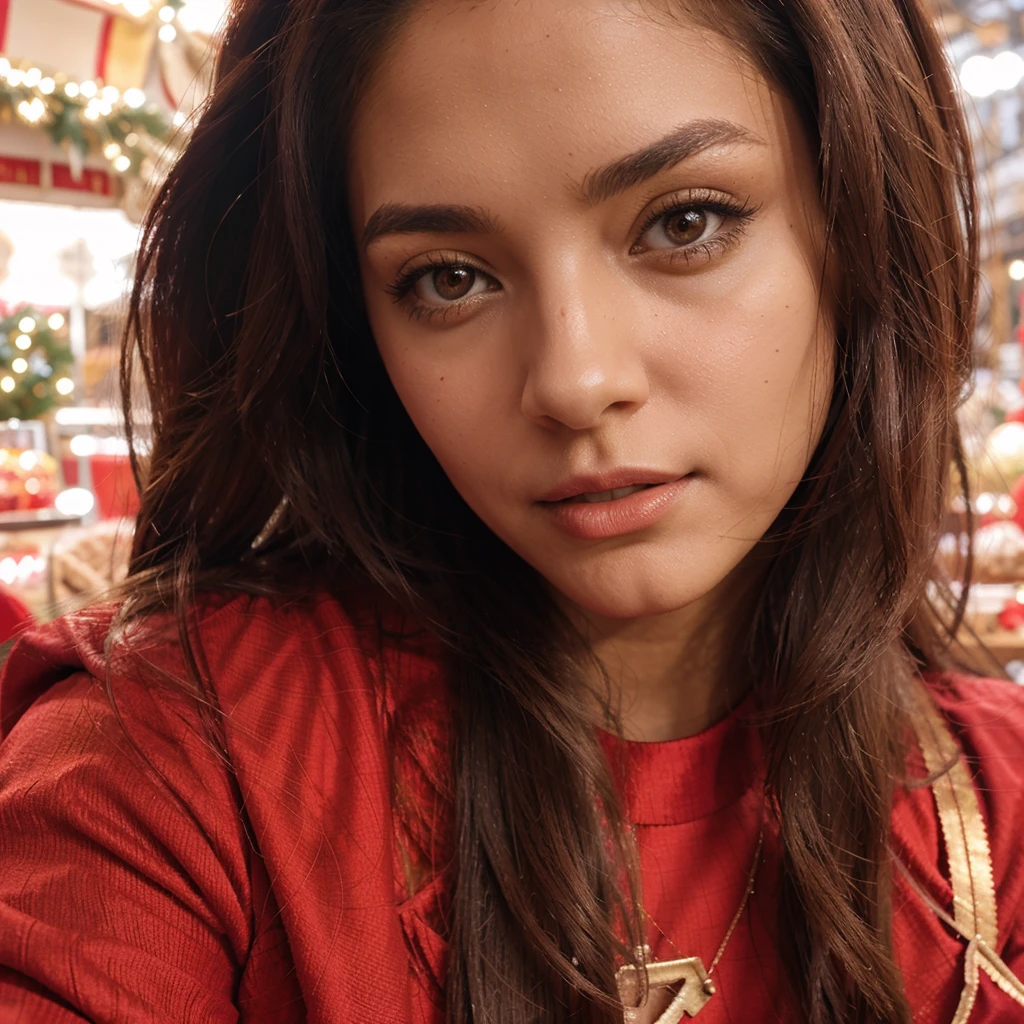 latina at christmas market, red outfit, Christmas, elegant, alone, AUCUN AUTRE VISAGE SAUF LA MODELE