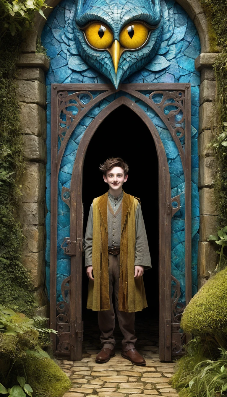 masterpiece, best quality, high quality, 1boy, digital painting, Gatekeeper of prompts, Gatekeeper, Key, Portal, Fantasy, Fine Art, Digital Art, Magical, Mystical, Ethereal, Unique Style, Highly Textured, Intricate Details, Vibrant Colors, ((by J.R.R. Tolkien, by Salvador Dali, by Brian Froud)), absurdres, Dynamic Pose, Vigilant Stance, Gate, Fantasy Art, Magic, Protector, Surreal, Symbolic, (evil grin, grin), yellow eyes