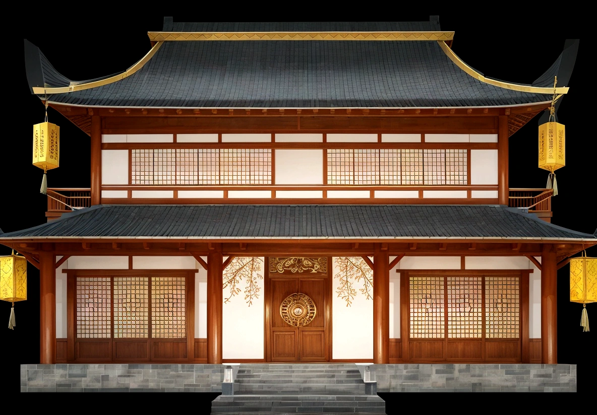 illustration of a traditional chinese building with lanterns and a bird, temple background, zen temple background, background depicting a temple, digital painting of a pagoda, japanese temple, japanese house, korean traditional palace, background art, palace background, chinese building, artwork in the style of z.w. gu, cyberpunk japanese temple, inspired by Shūbun Tenshō