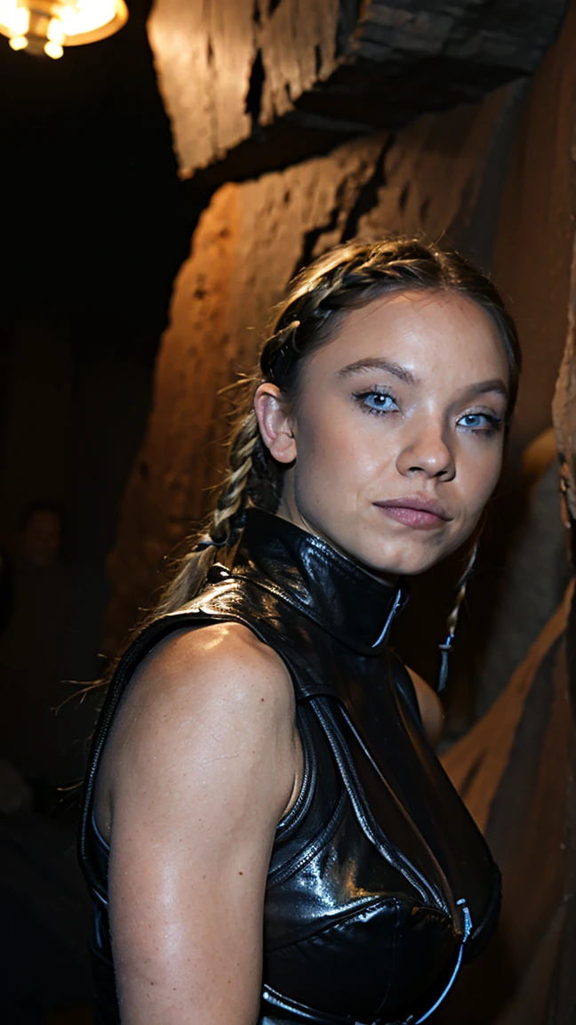(masterpiece), (solo character), (best quality), (photorealistic 1.4), (EpicRealLife), (night time), (sateleshan bodysuit), (satele shan), (SateleShan armor), (twin braided hair), sleeveless, (leather armor), bare shoulders, (sateleshan costume), (Sydney Sweeney), (blue eyes), (large breasts), (star wars scene), (in a canyon) (flashphoto), (night time), (at night), (cowboy shots),