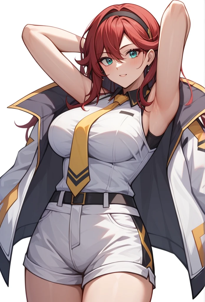 Sleeveless,Raise your arms,NSFW,{{mercury socks}}, {{Gundam Mercury Witch}}, {{asticassia school uniform}}, Aqua eyes, Red hair, Black hair band, Large Breasts, White jacket, white shorts, yellow tie, Simple background, White background, ,1 girl, alone, ,Cowboy shooting,,From the front, Facing forward, looking at the audience, straight on, close to viewer, In 2023,,very aesthetic, best quality, excellent quality, ,planned, illustration, Very detailed, Anime Screenshots