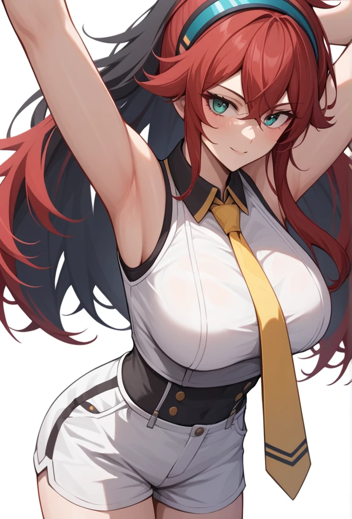 Sleeveless,Raise your arms,NSFW,{{mercury socks}}, {{Gundam Mercury Witch}}, {{asticassia school uniform}}, Aqua eyes, Red hair, Black hair band, Large Breasts, White jacket, white shorts, yellow tie, Simple background, White background, ,1 girl, alone, ,Cowboy shooting,,From the front, Facing forward, looking at the audience, straight on, close to viewer, In 2023,,very aesthetic, best quality, excellent quality, ,planned, illustration, Very detailed, Anime Screenshots