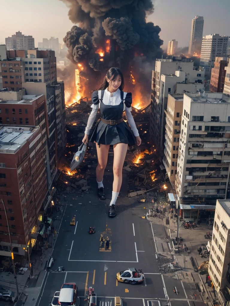 (Giantess Elements、High resolution、High resolution、high quality、Accurate body structure、Detailed body) そびえ立つ巨人のbionde少女,50,000 feet high、Looking up at the approaching woman from below、Giants attack the city、cute、bionde、Destroy a small townWomen、Destroy a small town、Mischievous look、(Maid outfit)Japanese、White skin、巨人bionde女、smile、Trampling buildings、rubble、Burning Small Town、Destroyed small building、Collapsed highway、Cars are crushed、Evacuating residents、sunset、Burning Small Town、go ahead、walk、Trampling、Anatomically correct、Accurate human body、Accurate skeleton、Full body portrait、blue eyes、Rubble scattered at my feet、Higher than skyscrapers、Big impact、amazing、Giantess Elements、Draw a woman in a big way、Increase the destructive element、Make the city smaller