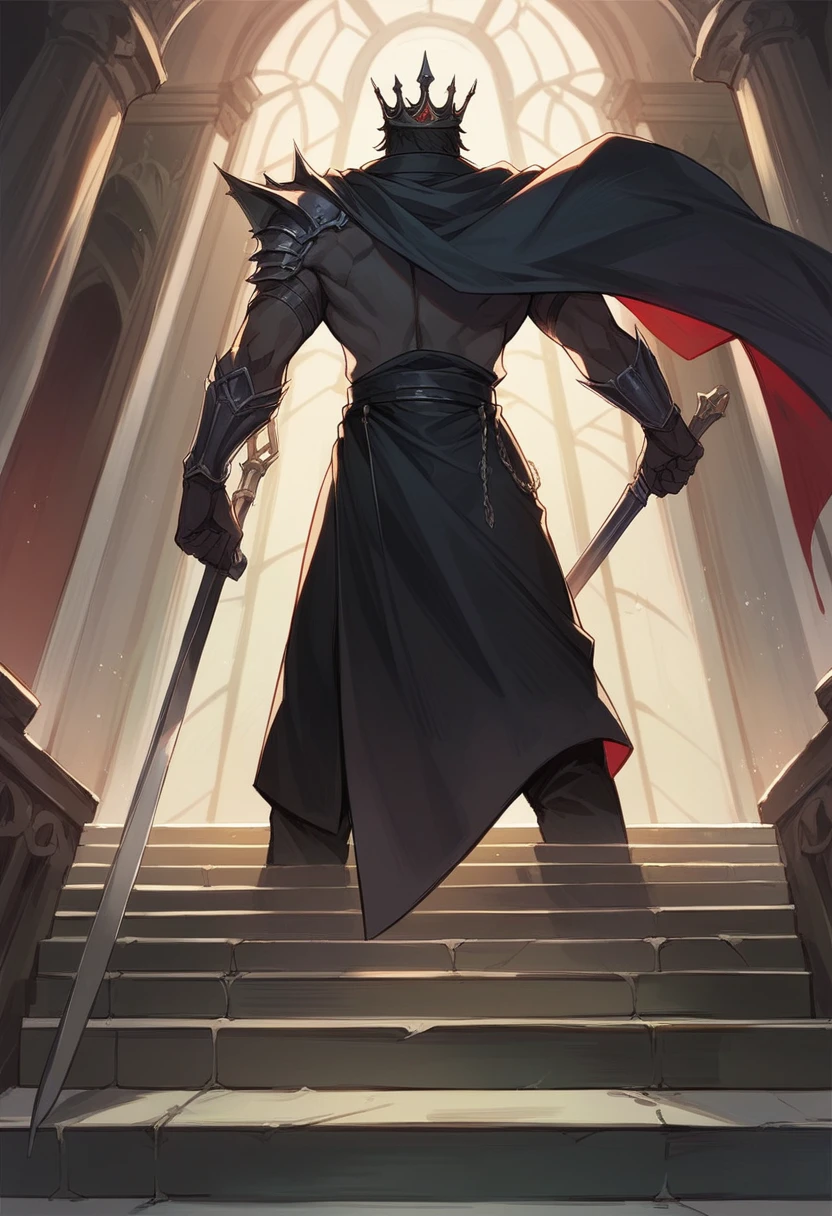 Highest quality　Back view of the Black Prince　The Rolling Black Crown　Background、On the long staircase leading to the gates of the underworld、Daytime
