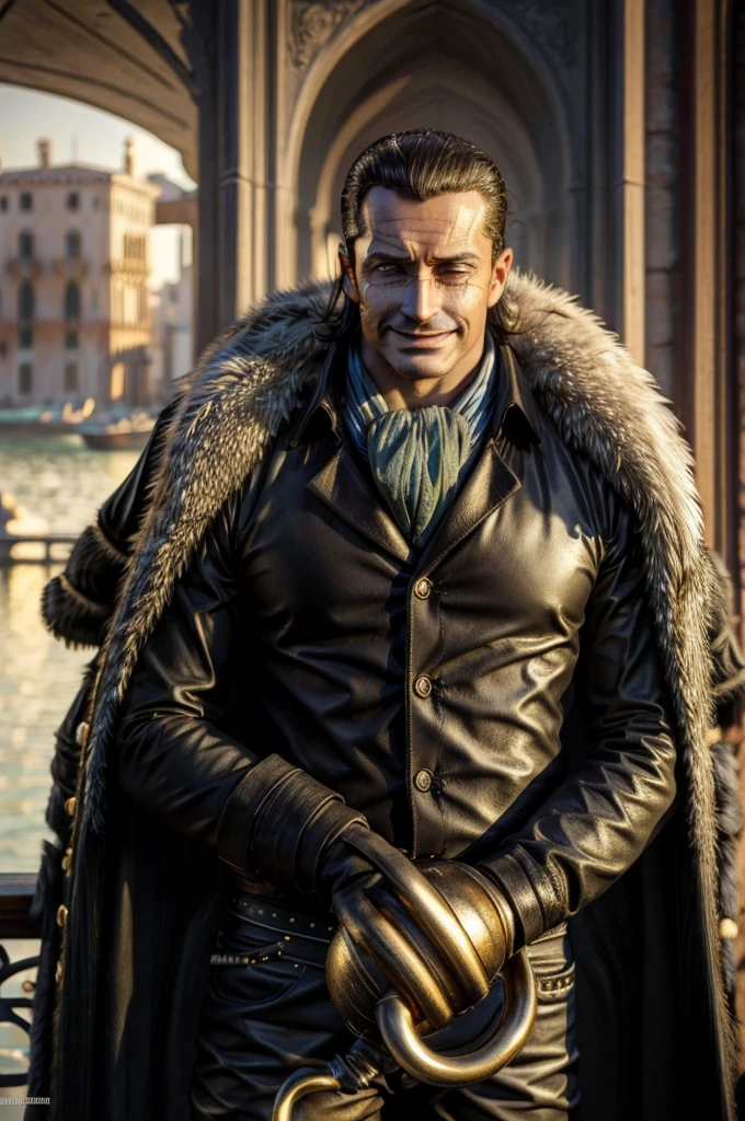 masterpiece, best quality, extremely detailed, hyperrealistic, photorealistic, a cool 40s man, ultra detailed face:1.2, fur-trimmed coat, scarf around the neck, his left hand is a golden pirate hook:1.1, cigar, sunshine:1.1, the view from high-rise tower, weathercock, venice, sly smile, fashion model pose