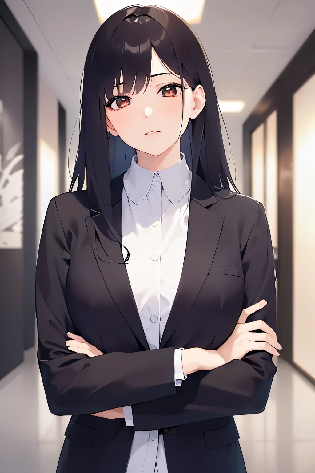 Crossing one’s arms,upper body、
Realistic, real person, (pale skin: 1.2), RAW photo, photorealistic, shiny skin, shiny hair、
(A 35-year-old woman with medium-length hair and bangs) and (wavy hair) and (brown hair) and (Orange Eyes) (Wearing a business suit:1.5) and (Wearing a white collared shirt)、serious,The background is the office lobby.、Alone、Wearing a black jacket,Are standing