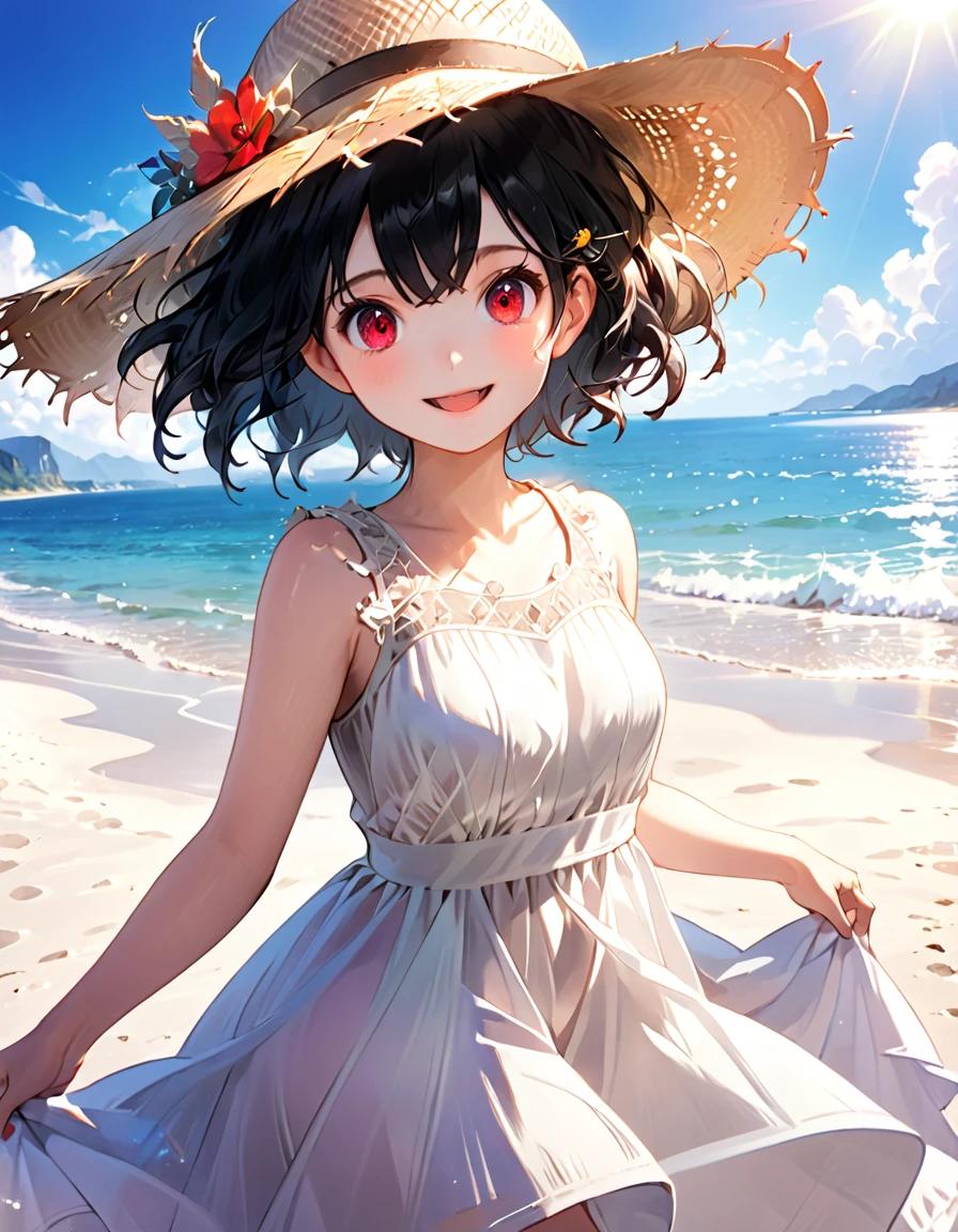 Masterpiece, a beautiful void goddess, illustration, sunlight, sea, beach, white sand, sunshine, clear sky, clear sky, cloudless, 1 girl, short hair, black hair, red eyes, messy hair, white dress, long dress, straw hat, handle at the end of the hat:0.3, smile, open mouth