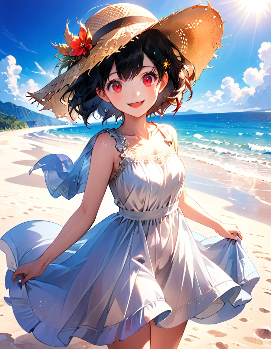 Masterpiece, a beautiful void goddess, illustration, sunlight, sea, beach, white sand, sunshine, clear sky, clear sky, cloudless, 1 girl, short hair, black hair, red eyes, messy hair, white dress, long dress, straw hat, handle at the end of the hat:0.3, smile, open mouth
