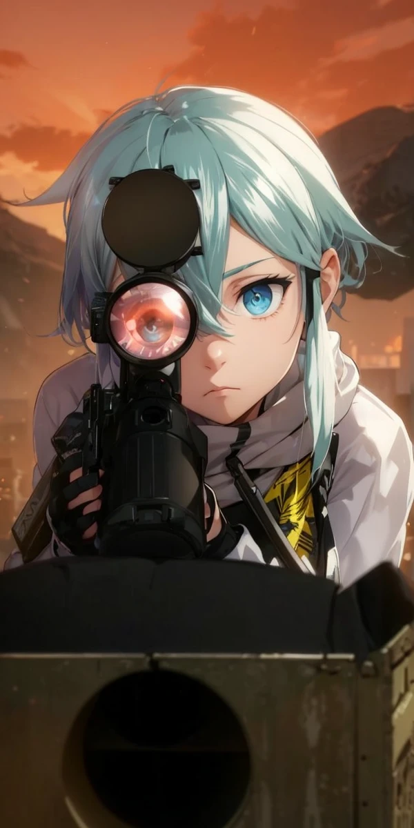 Boy with white hair;
shorth hair;
Messy hair;
eye white;
Some gun sight marks on the pupils;
wear black pants;
black jersey;
A white sweater;
A white scarf;
Pupilas brancas cor neve
A sniper tem a cor branca também
There's a white sniper on the back;
Ele está deitado no chao mirando com a sniper