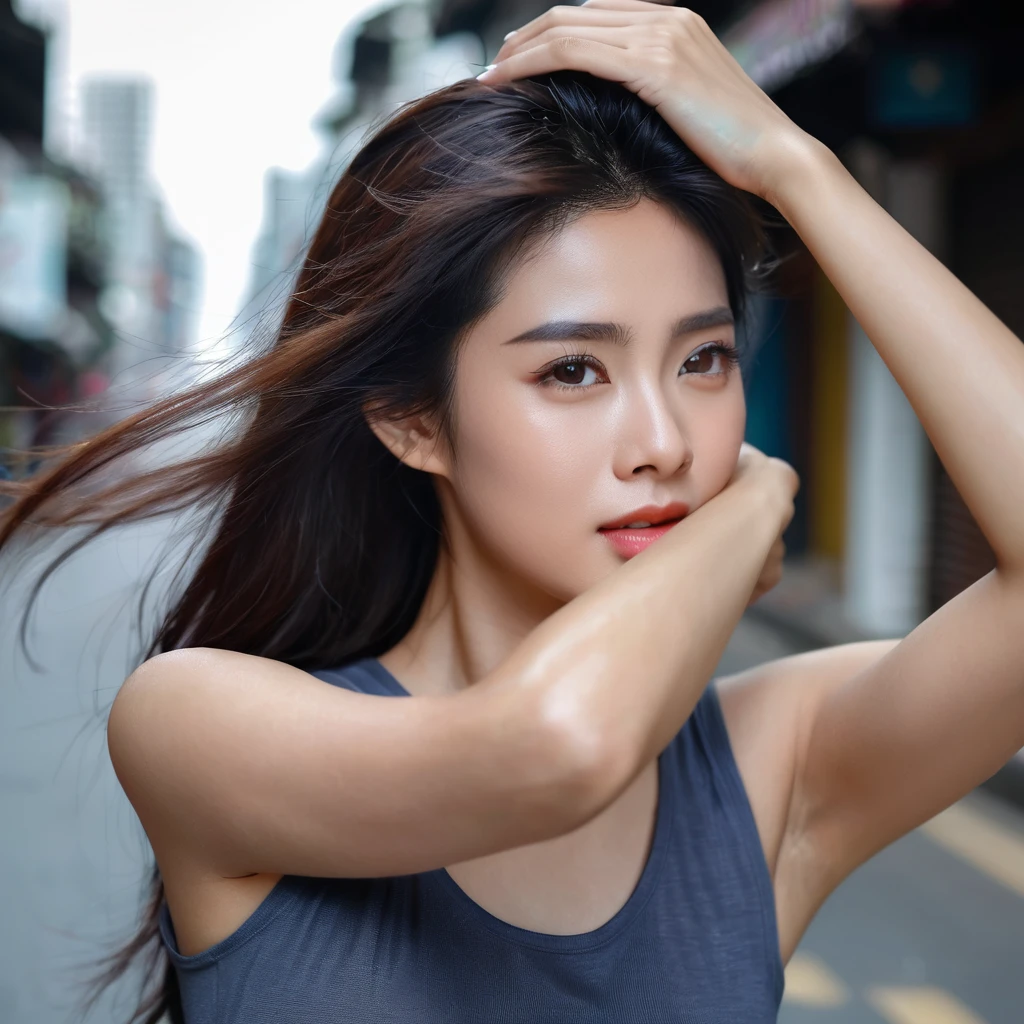 (masterpiece), best quality, expressive eyes, perfect face ,A beautiful thai woman wears a sleeveless shirt and waves her arms. She has long armpit hair ,street background, very close up shot , ultra high detail