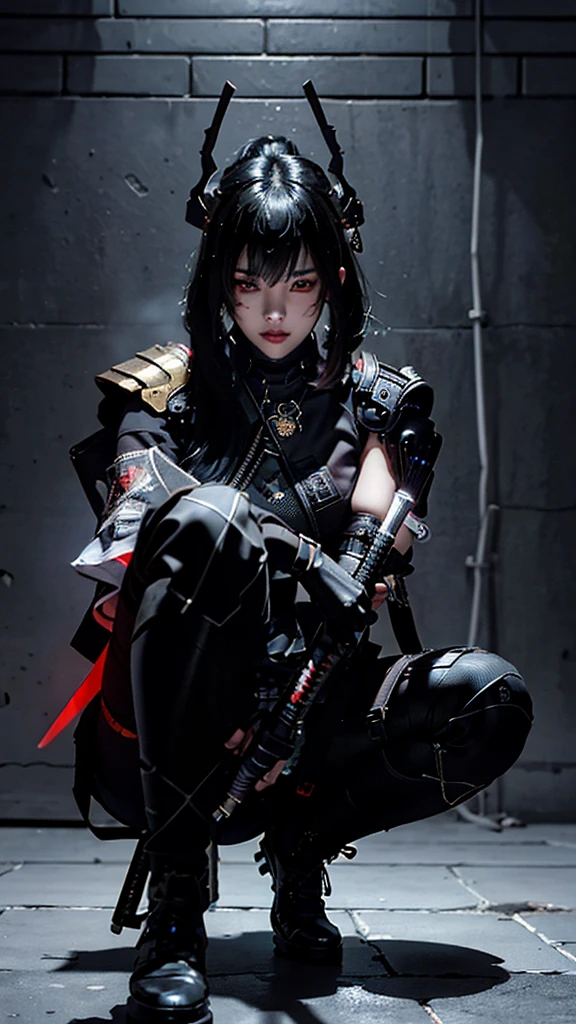 Surreal version of a woman kneeling down on one knee with sword in hand, very beautiful cyberpunk samurai,Sitting on one knee,Futuritic background, cyberpunk anime art, cyberpunk samurai, cyberpunk city anime art, cyberpunk anime, cgsociety 9, digital cyberpunk anime art, style of maciej kuciara .1girl, samurai armor, devil mask helmet, intricate, detailed ornaments, cold colors, metallic, Egyptian details, details very complex, realistic lighting, trending on social cgs, glowing eyes, facing camera, Brick wall,neon details, surreal details, full body portrait, Japanese atmosphere, lighting global, shadow, octane rendering, 8k, super sharp lolita.((Best quality)), ((masterpiece)), (details:1.4), 3D, image of a female cyberpunk beautiful,HDR (High Dynamic Range),Beam Range,NVIDIA RTX,Ultra High Resolution,Unreal 5,Subsurface Scattering,PBR Textures,Post-processing,Anisotropic Filtering,Depth of Field, Maximum clarity and sharpness, Multi-layer textures, Albedo and Reflection maps, Surface shadows, Accurate simulation of light-material interaction, Perfect scaling, Octane rendering, Two-tone lighting Color, Wide Aperture, Low ISO, White Balance, Rule of Thirds, 8K RAW,