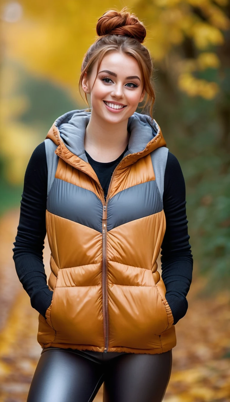ultrarealistic high quality full body photo of a beautiful busty slim european 25-year-old woman with cute hyperdetailed shy face and natural redhead messy bun hair and shy smile , realistic round hazel eyes, natural lips, dark eye makeup with eyeliner, wearing casual hoodie with shiny puffer vest and latex leggins, hourglass body, outdoor photography, tanned