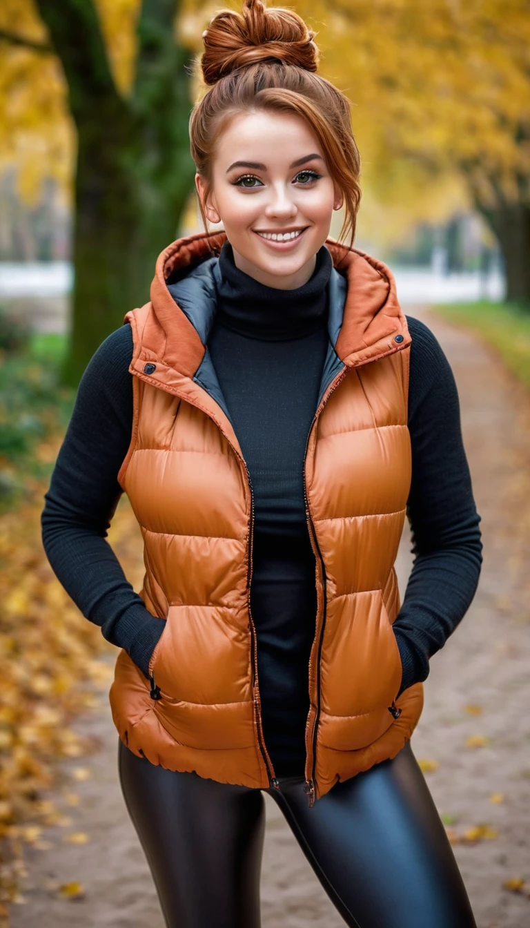 ultrarealistic high quality full body photo of a beautiful busty slim european 25-year-old woman with cute hyperdetailed shy face and natural redhead messy bun hair and shy smile , realistic round hazel eyes, natural lips, dark eye makeup with eyeliner, wearing casual hoodie with shiny puffer vest and latex leggins, hourglass body, outdoor photography, tanned
