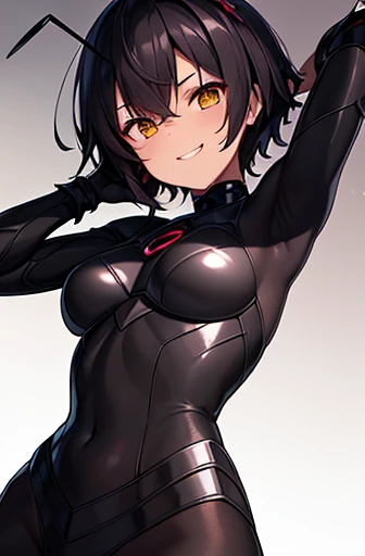 (masterpiece), best quality, expressive eyes, perfect face, a girl with brown skin tone, (two bug antennae), short brown spiky hair, ((dark black sclera)), yellow eyes, smiling, (charp) teeth, organic bug armor clothes, (armor on her chin), armor coverers chest, two red lines around arms, looking at viewer, ((shot from below)), face close up, white bg