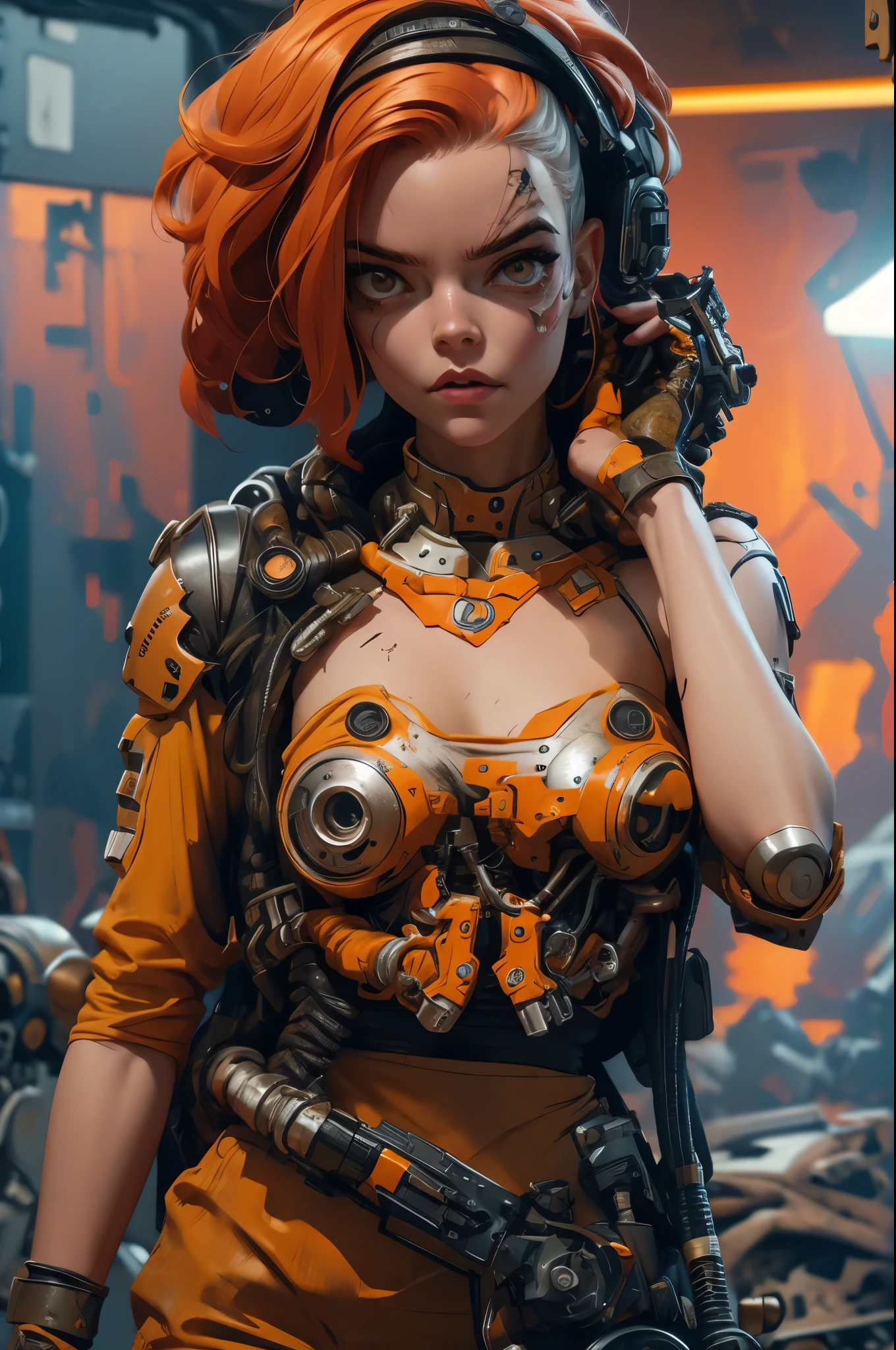 A highly detailed and realistic skull girl,( Anya. Taylor Joy) cyberpunk character, mad max furiosa, one hand robot, cyborg arm, orange hair, dramatic metal heavy rock theme, best quality, 8k, hyperrealistic, photorealistic, extreme detailed painting, studio lighting, vivid colors, dark moody atmosphere, cinematic, dramatic pose, intricate mechanical details, glowing energy effects, intense gritty textures, seamless integration of organic and inorganic elements. Wearing the used clothes of a wastelander. Background: An apocalyptic wasteland. Dusty and depressing.