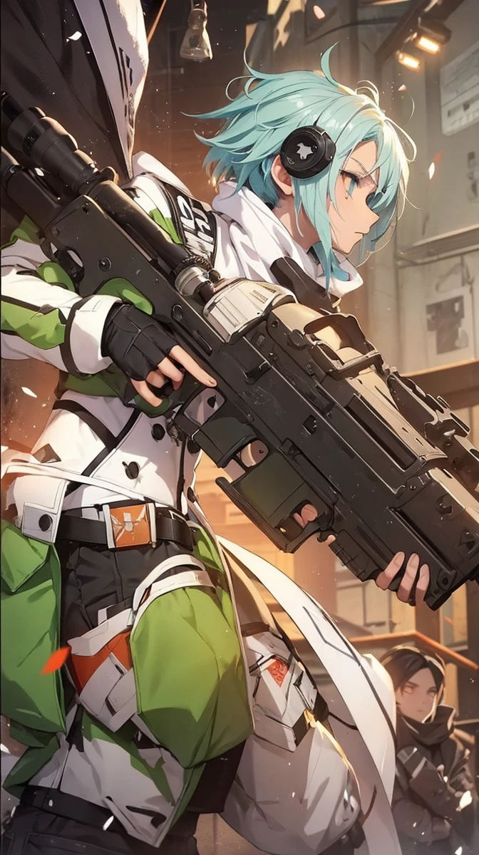 Boy with white hair;
shorth hair;
Messy hair;
eye white;
Some gun sight marks on the pupils;
wear black pants;
black jersey;
A white sweater;
A white scarf;
Pupilas brancas cor neve
A sniper tem a cor branca também
There's a white sniper on the back;
Ele está deitado no chao mirando com a sniper