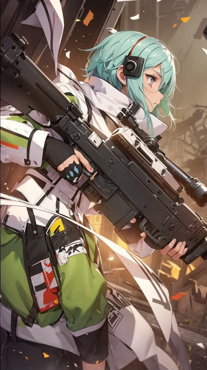 Boy with white hair;
shorth hair;
Messy hair;
eye white;
Some gun sight marks on the pupils;
wear black pants;
black jersey;
A white sweater;
A white scarf;
Pupilas brancas cor neve 

A sniper tem a cor branca também 
There&#39;s a white sniper on the back;


Ele está deitado no chao mirando com a sniper 