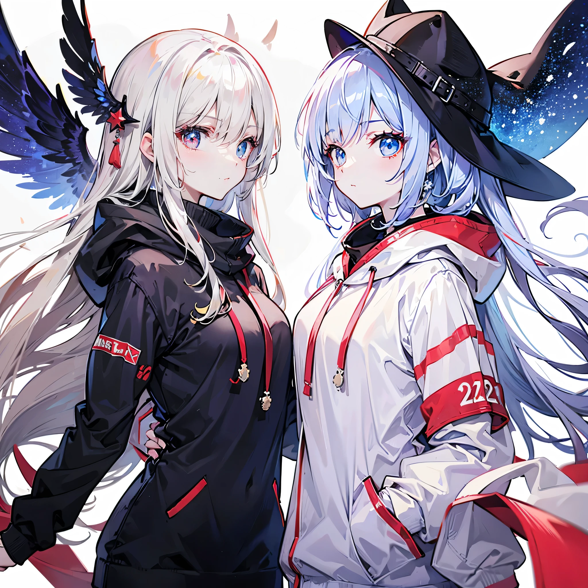 Two Girls、(Beige Hair、Red eyes)、(White Hair、blue eyes)、Twin tails、Very long hair、Shiny Hair、high quality、Simple Background、White Background、Monochrome outfit、Big hoodie
