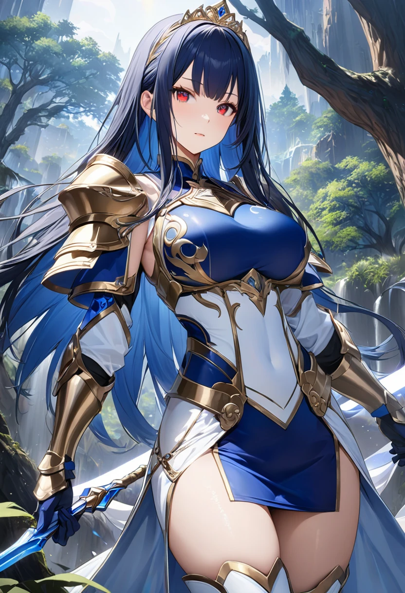Highest quality、unity 8k wallpaper、32k、masterpiece、Very detailed、Ultra-high resolution、Very detailedな顔, RAW Photos, Professional, Ultra-fine painting, Blue long straight hair、Platinum tiara with blue gemstones、Red Eyes、(Tree Eyes), Cool and sharp features, Hime cut, 20~A female magical warrior, about 24 years old.、White and gold breastplate、Blue and white leotard、(Blue and white gold-embellished pencil skirt with side armor and long slits)、Half puff sleeves with shoulder pads、A large white ribbon with a large sapphire on the chest、White and blue long gloves、White and blue thigh-high stiletto boots、whole body、He has a spear with a glowing blue blade