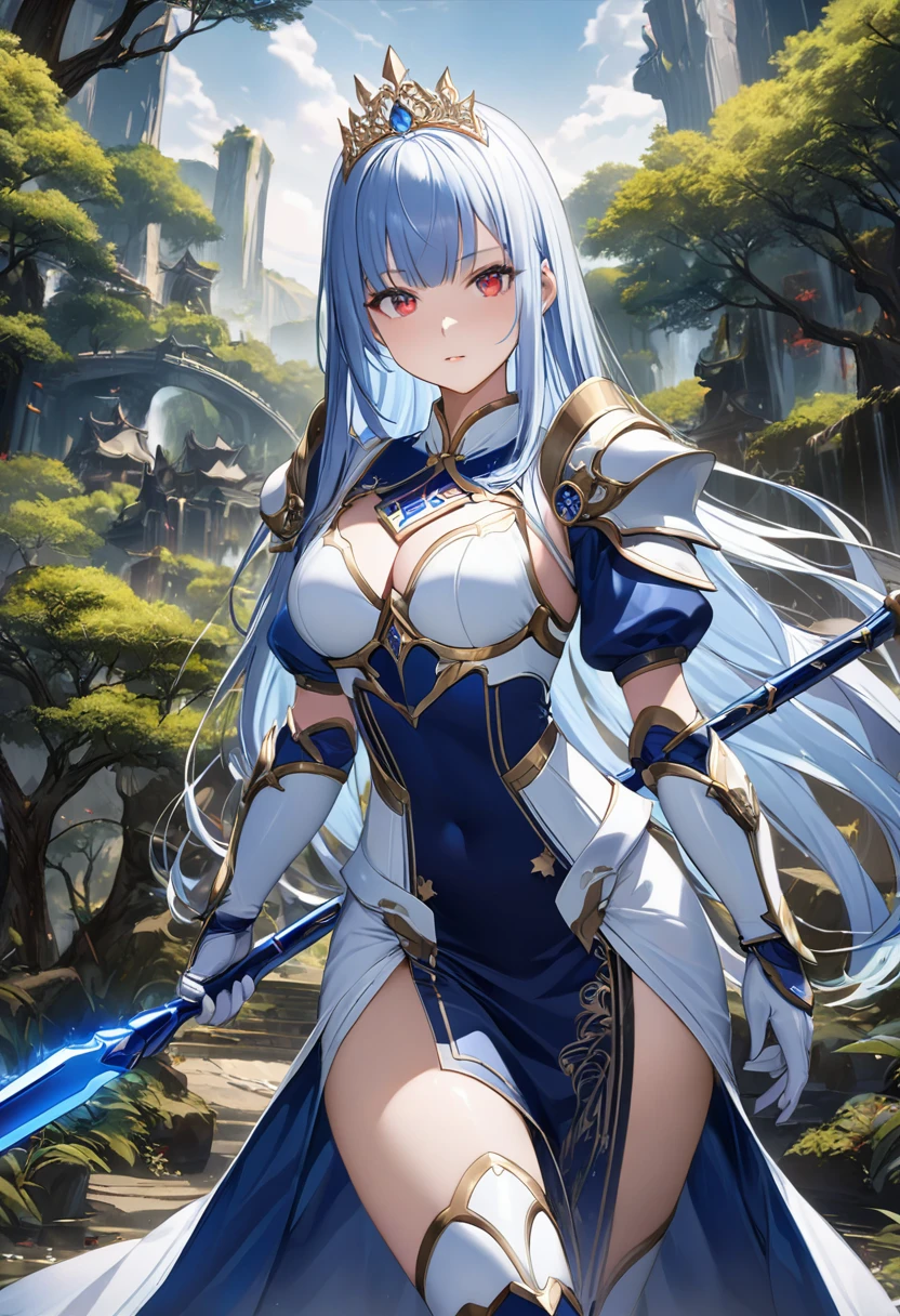 Highest quality、unity 8k wallpaper、32k、masterpiece、Very detailed、Ultra-high resolution、Very detailedな顔, RAW Photos, Professional, Ultra-fine painting, Midnight blue long straight hair、Platinum tiara with blue gemstones、Red Eyes、(Tree Eyes), Cool and sharp features, Hime cut, 20~A female magical warrior, about 24 years old.、White and gold breastplate、Blue and white leotard、(((Blue and white gold-embellished pencil skirt with side armor and long slits)))、Half puff sleeves with shoulder pads、A large white ribbon with a large sapphire on the chest、White and blue long gloves、White and blue thigh-high stiletto boots、whole body、He has a spear with a glowing blue blade