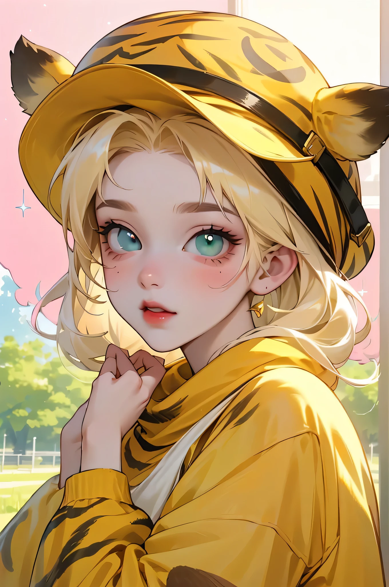 (high quality) (Best Quality) (Una Women) (correct physiognomy) (perfect pupils) (Perfect eyes) Women, blonde hair, long collected in two buns with bangs on the forehead, eyes with heterochromia two or}two, one green and the other golden eye, sensitive lips, female appearance, soft facial features, thin eyebrows, soft skin, rosy cheeks, pink lips, silky eyelashes, dreamy expression, middle age, youth clothing, glitter sweatshirt with tiger print and hat, photo illuminated by sunlight, Women en un campo de girasoles