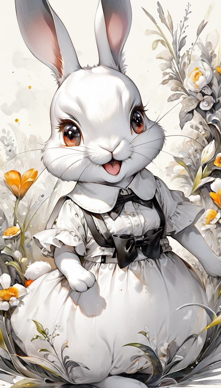 Highest quality, Super quality, 16K, Incredibly absurd, Very detailed, 2.5D, delicate and dynamic, A fusion of watercolor and oil painting, Mixing monochrome and color, Funny rabbit portrait, Cute face, Cute pose