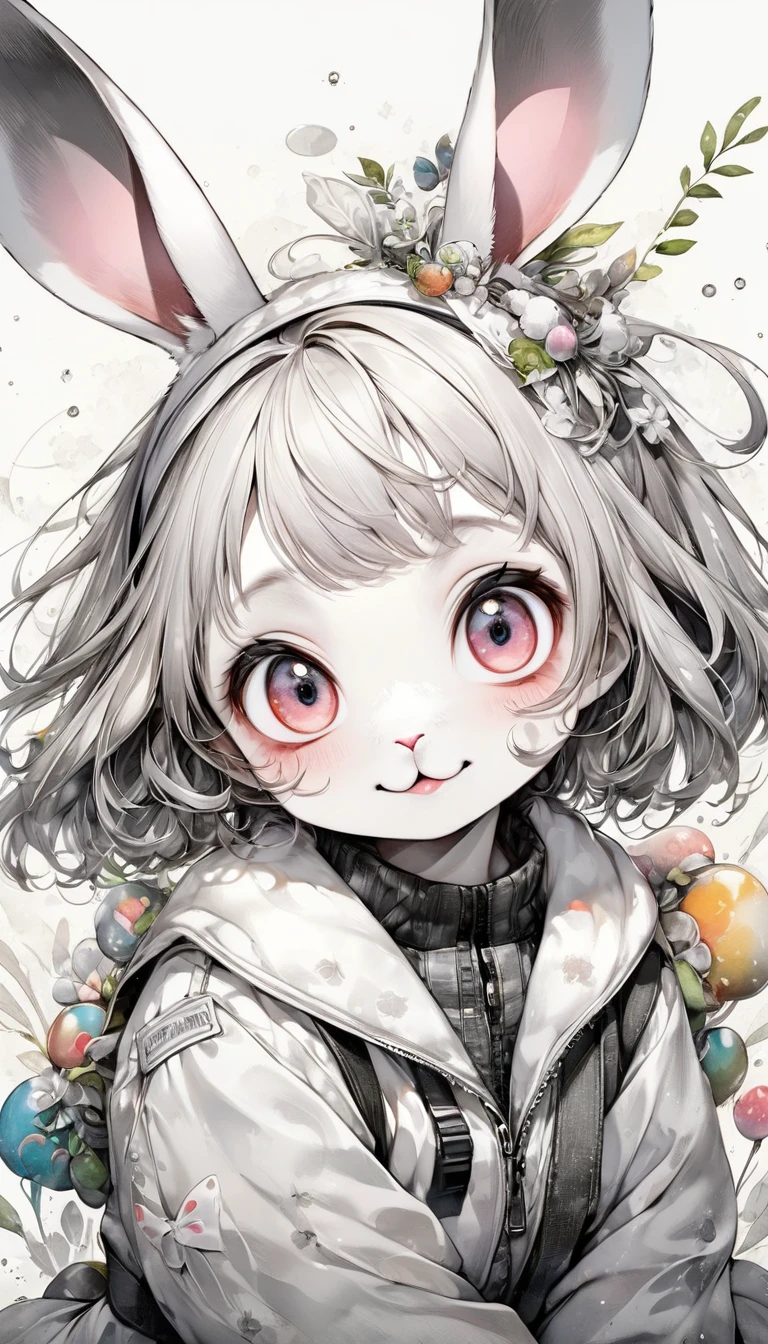 Highest quality, Super quality, 16K, Incredibly absurd, Very detailed, 2.5D, delicate and dynamic, A fusion of watercolor and oil painting, Mixing monochrome and color, Funny rabbit portrait, Cute face, Cute pose