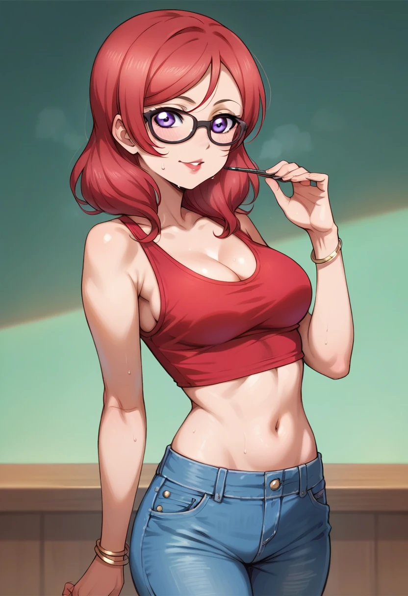 Maki nishikino love live, realistic art,Purple eyes, red hair, lipstick,red tank top, denim pants,low waist pants, open pants, glasses, bracelet, cleavage, standing,  cowboy shot, sexy,toned stomach,sweaty