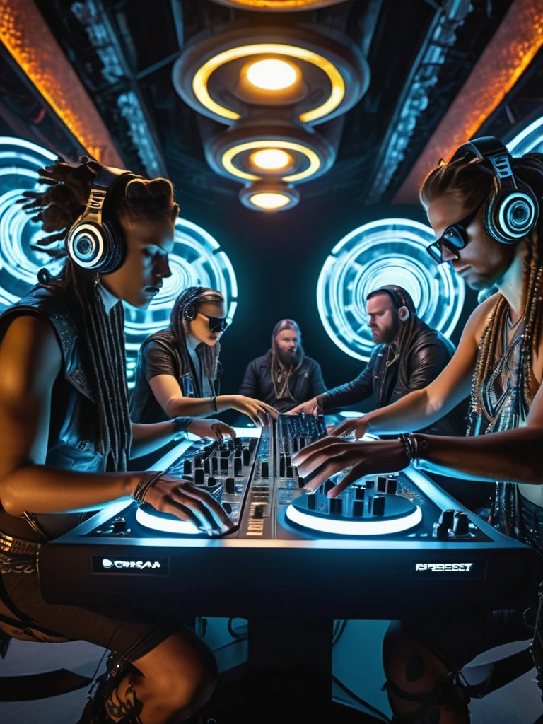 A fisheye lens shot of four post-apocalyptic tribal cyborg DJs tuning and playing synthesizers at the show, perspective for the public, musical spiral fractal more complicated and technical, mighty, cinematic, lindamente iluminado, by Donato Giancola, por artgerm, by Karol back, 3d, perfect face and body, trends on artstation, octane rendering, 8k ultra