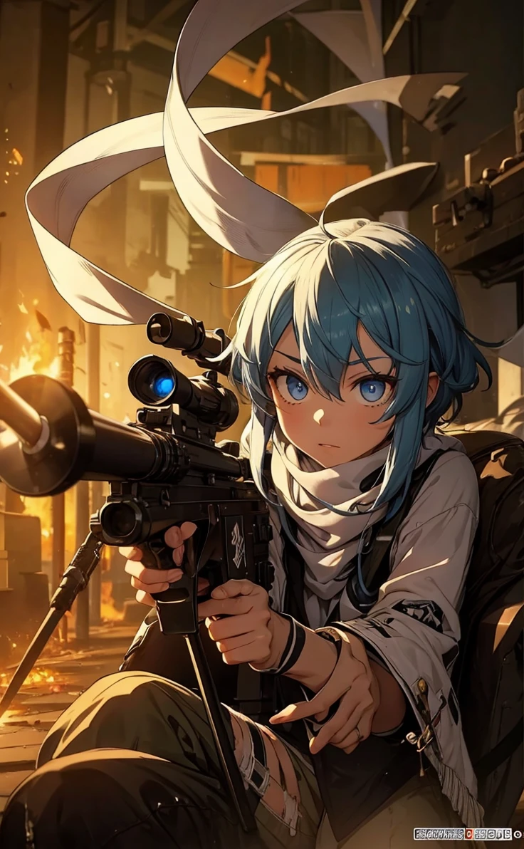 Boy with white hair;
shorth hair;
Messy hair;
eye white;
Some gun sight marks on the pupils;
wear black pants;
black jersey;
A white sweater;
A white scarf;
Pupilas brancas cor neve 

A sniper tem a cor branca também 
There&#39;s a white sniper on the back;


Ele está deitado no chao mirando com a sniper 