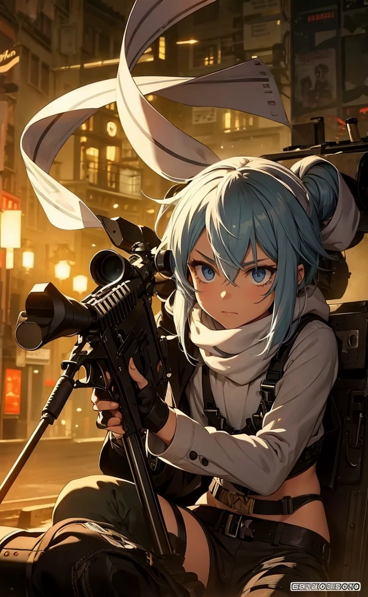 Boy with white hair;
shorth hair;
Messy hair;
eye white;
Some gun sight marks on the pupils;
wear black pants;
black jersey;
A white sweater;
A white scarf;
Pupilas brancas cor neve 

A sniper tem a cor branca também 
There&#39;s a white sniper on the back;


Ele está deitado no chao mirando com a sniper 