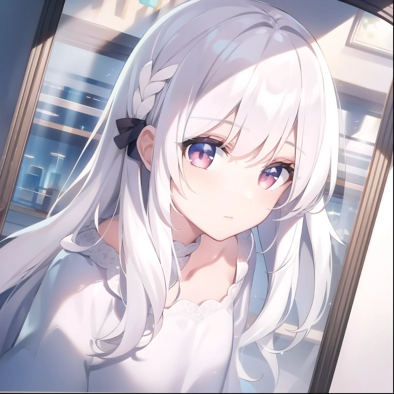 ((masterpiece, best quality))++, Detailed lighting+, Detailed hair+, Detail hand+ ,1 girl, Miss, Long hair, Crimson eyes, beautiful eyes, young white hair,,(Beautiful white hair:1.5),(Beautiful and delicate eyes), high resolution+,glass tint, Reflective eyes, {{angle}} , Very detailed wallpaper, The original, ,Sea of Flowers,Air bangs,city road,Double ponytails,Extremely beautiful CG,Girls shopping,Headband,Gray eyelashes,Suit,Mirror World