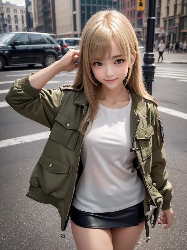 (8K, RAW Photos, Highest quality, masterpiece:1.2), (Realistic, photo-Realistic:1.4), (Highly detailed 8K wallpapers), ((Full Body Shot)), (1 girl), Sharp focus, Depth of written boundary, Cinematic lighting, Soft Light, 緻密な美しさのeye, eye_Chan, Very beautiful girl, innocent big eyes, Realistic, photo Realistic, Highly detailed cute girl, (Thin thighs), (Model Body Type), 18-year-old, ((Khaki flight jacket)), (Black leather micro mini skirt), (((Reach into your jacket pocket))), ((A happy smile)), Parted lips, Watching the audience, (On the streets of New York) , (Blonde),(Long Bob Hair), (Asymmetrical bangs)