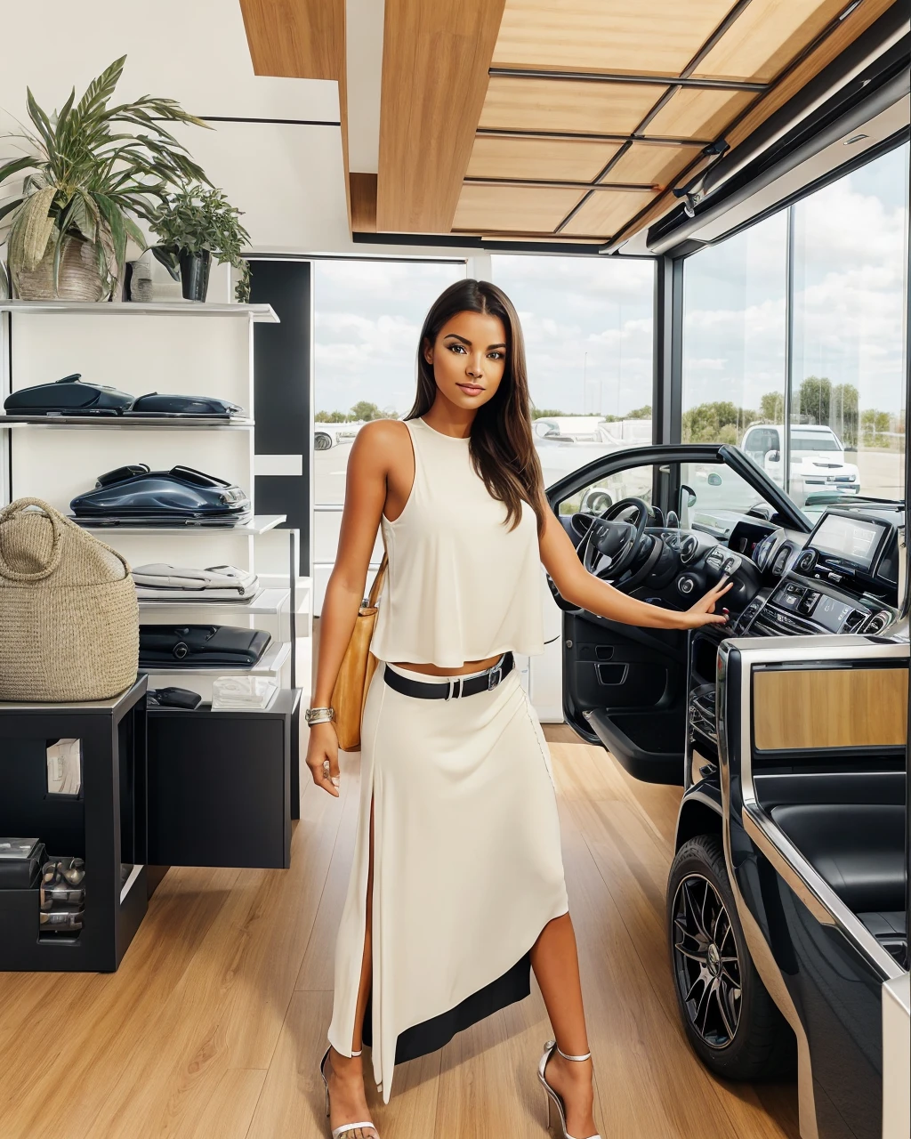 Use this girl from the image and she's standing in a Mercedes car showroom buying a new Mercedes-Benz G-Class