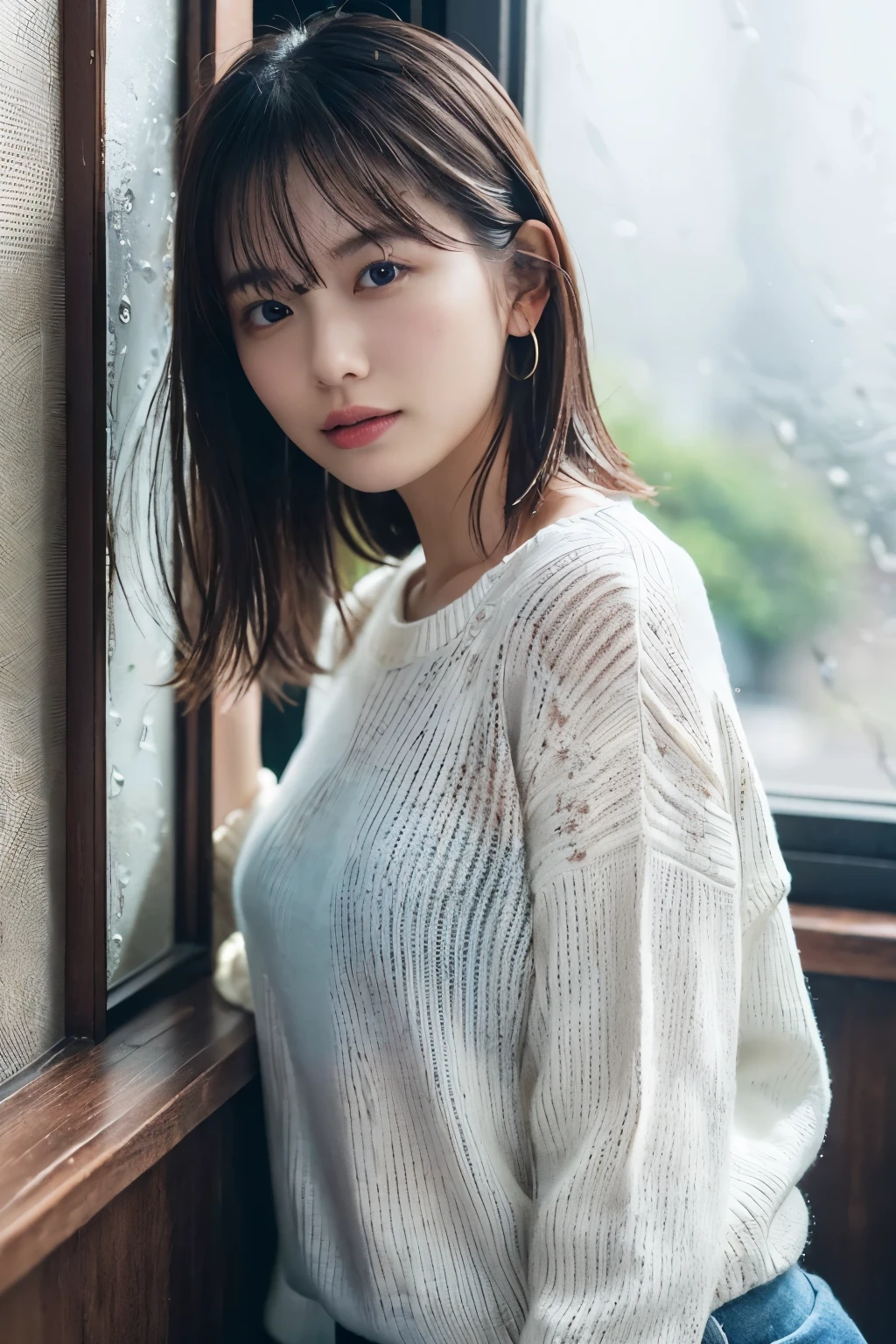 1 Girl, (Wearing a white summer sweater:1.2), Very beautiful Japanese idol portraits, 
(RAW Photos, Highest quality), (Realistic, Realistic:1.4), (masterpiece), 
Very delicate and beautiful, Very detailed, 2k wallpaper, wonderful, finely, Very detailed CG Unity 8K 壁紙, Very detailed, High resolution, Soft Light, 
Beautiful detailed girl, Very detailed目と顔, Beautiful and sophisticated nose, finelyて美しい目, Cinema Lighting, 
(I am doing gravure shoots for fashion magazines.:1.3), (indoor), (Staring out the window on a rainy day:1.3),
(short hair), 
Complete Anatomy, Slender body, Small breasts, 