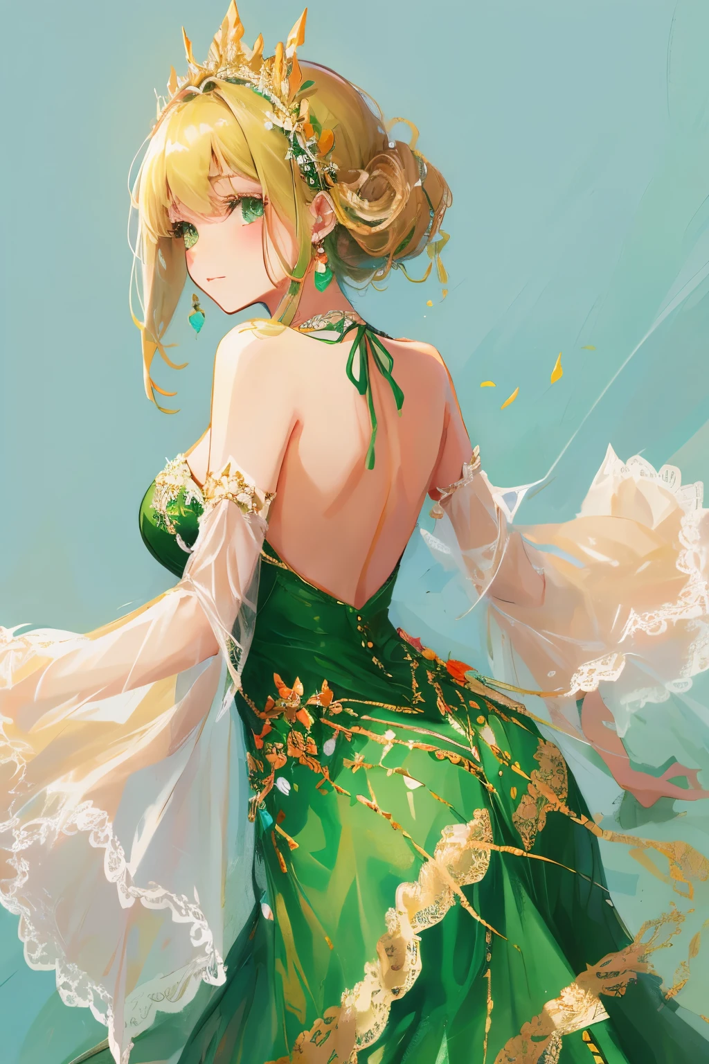 ((High quality work)), Simple and clean lines, The green dress and beautiful ruffled lace complement each other, Enriches the layering of the entire picture, Elegant Edwardian lace dresses and princess dresses add a lot of color to the character, Hands behind back gesture , It also shows the gentle and elegant side of women.