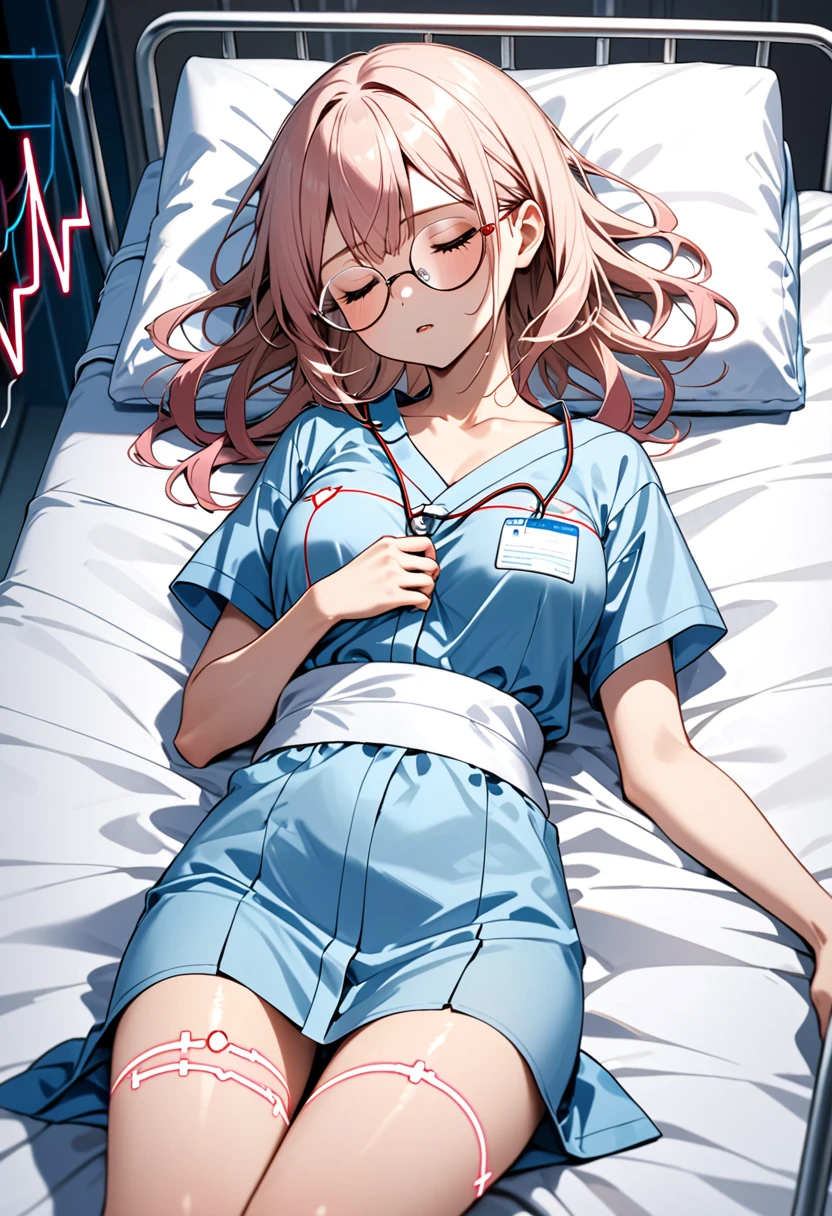 girl（Round Glasses、low length、yukata（Pink））Hospital bed（Sleeping on your back、electro-cardiogram、）