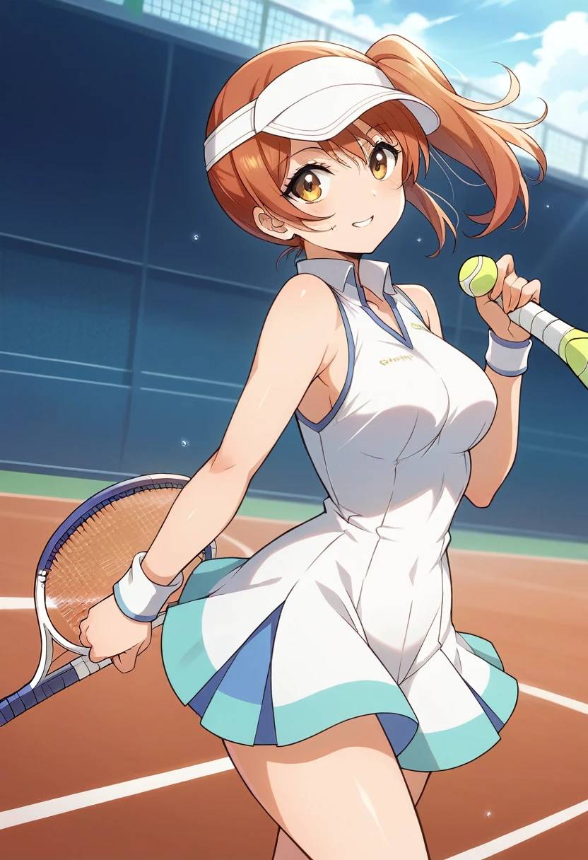 Hoshizora rin, bangs, beautiful, beautiful woman, perfect body, perfect breasts, wearing a tennis outfit, wearing a tennis hat, being on the tennis court, holding a tennis racket, looking at the audience, a slight smile, masterpiece, textured leather, super detailed, high detail, high quality, best quality, 1080p, 16k