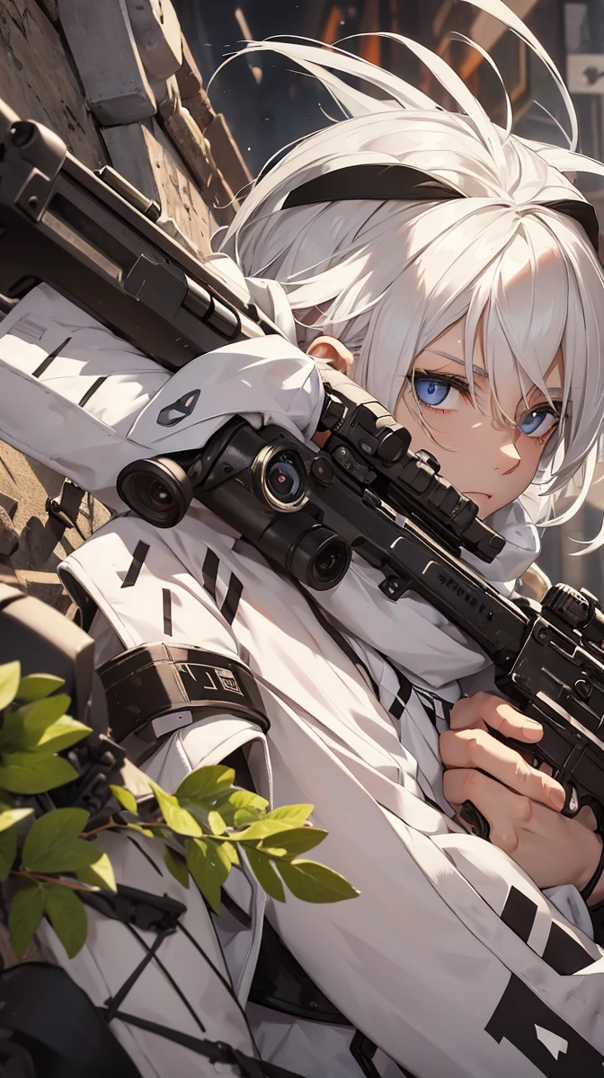 Boy with white hair;
shorth hair;
Messy hair;
eye white;
Some gun sight marks on the pupils;
wear black pants;
black jersey;
A white sweater;
A white scarf;
Pupilas brancas cor neve 

A sniper tem a cor branca também 
There&#39;s a white sniper on the back;


Ele está deitado no chao mirando com a sniper 