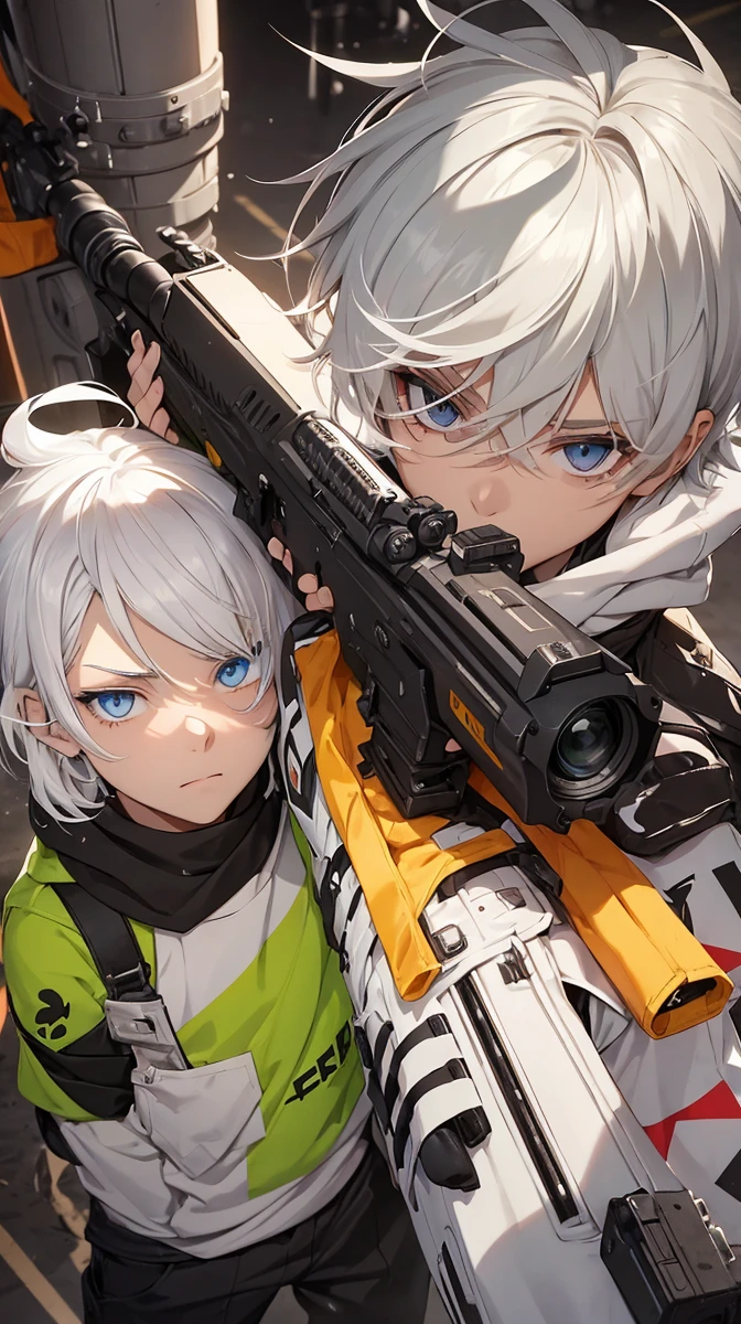 Boy with white hair;
shorth hair;
Messy hair;
eye white;
Some gun sight marks on the pupils;
wear black pants;
black jersey;
A white sweater;
A white scarf;
Pupilas brancas cor neve 

A sniper tem a cor branca também 
There&#39;s a white sniper on the back;


Ele está deitado no chao mirando com a sniper 