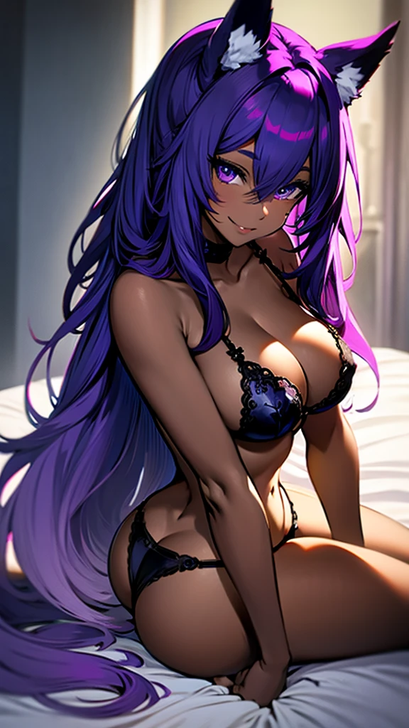 Masterpiece, nude dark-skinned woman, with cat ears and fox tail, smiling, lying on her side (very detailed), sideways, sideways photography, wearing G-string panties, panties stretched to waist, panties purple, big ass, full breasts, thick and toned thighs, no bra, breasts showing, breasts showing, squeezing the breasts with the hand, covering the nipples with the hand, long hair, purple hair, in a sensual look, sexy position , solid bottom, high butt, Extremely detailed contrast and solid colors