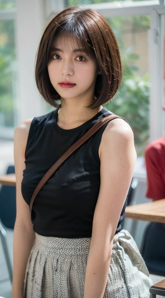  Highest quality, shape, Very detailed, finely, High resolution, 8k wallpaper, 完璧なダイナミックな構shape, Beautiful and exquisite,  Natural Lip, whole body, front,Shyness、Embarrassed expression、Large Breasts、Bob Cut Hair、University classroom、Pleated skirt、(((Looking into the camera)))、Brown Hair、Tank top、Shoulder bag