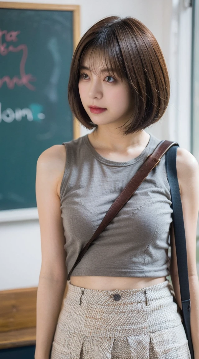  Highest quality, shape, Very detailed, finely, High resolution, 8k wallpaper, 完璧なダイナミックな構shape, Beautiful and exquisite,  Natural Lip, whole body, front,Shyness、Embarrassed expression、Large Breasts、Bob Cut Hair、University classroom、Pleated skirt、(((Looking into the camera)))、Brown Hair、Tank top、Shoulder bag